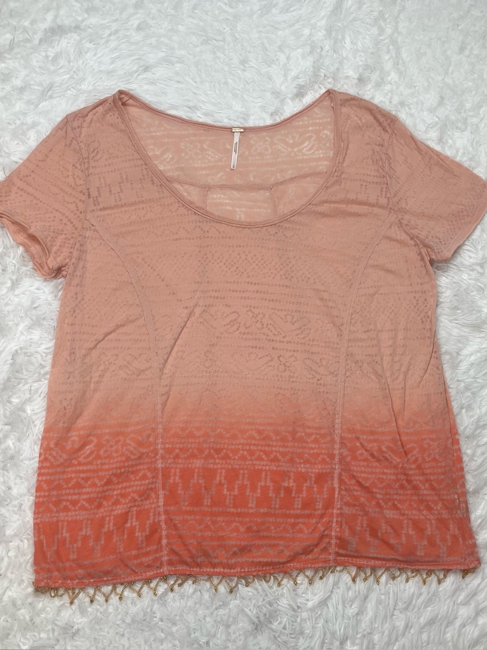 Free People Women’s Size L Large Peach Gold Fringe Top Short Sleeve Shirt Boho